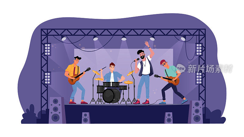 Rock music band on open stage isolated musicians playing on guitars, drum set and singer with microphone. Vector music players perform on electric string instruments, man sing in mic, jazz group party